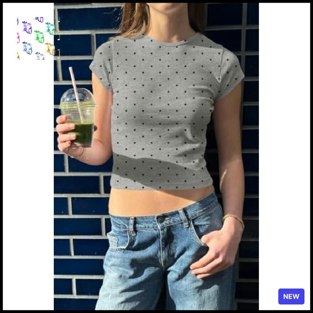 Y2K Vintage Polka Dot Crop Tee Slim Fit Crewneck Streetwear Kids Top - Picture 3 of 5